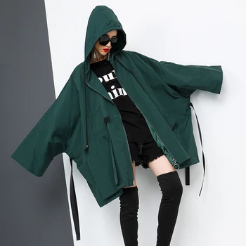 2020 Efteråret Streetwear Hætteklædte Skyttegrav Frakke For Kvinder Mode Løs Punk Lynlåse Flagermus Ærmer Ensfarvet Vindjakke Kvindelige Z338