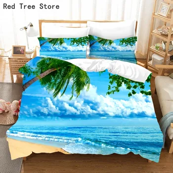 Stranden og Havet, Himlen Coconut Tree Strøelse Sæt King-Queen Size Dynebetræk Pudebetræk 3d-Sengetøj Dyne Voksne Børn Hjem Tekstil