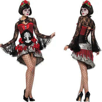 Nye Voksne Skelet Day of The Dead Kostume til Kvinder er Sexet Sukker Skull Dia Flower Fairy Halloween ghost vampyr brud Fancy Kjole