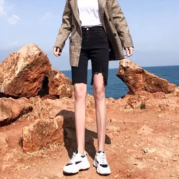 2021 Kvinde Bred Ben Høj Talje Solid Knæet-længde Denim Shorts Casual Kvindelige Tynde Passer Vintage Damer Lige Jeans Shorts Z32