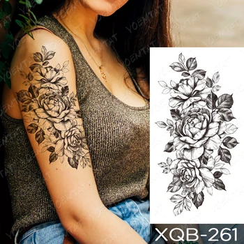 Sort Blomst Blomstrer Vandtæt Midlertidig Ærme tatooo Mærkat Lotus Pæon Ben tatovering Mand Kvinder Body Art Overføre Falske tatoveringer