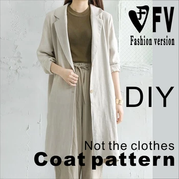 Kvindelige jord mid-længde linned afslappet frakke frakke tøjet gøre mønster 1:1 sy-tegning BFY-157