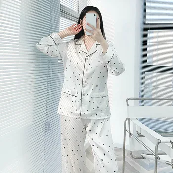 Kvinder Sover Skjorte Hjem Bære Nattøj Kvinder Hvid Satin Print Pyjamas Sæt Nattøj med Lange Ærmer Hjem Tøj