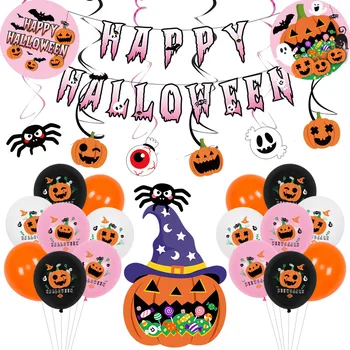 Nye Happy Halloween Ballon Sæt Folie Balloner Græskar Ghost Behandle Plade Servietter Tabel Cover Til Halloween Fest DIY Dekorationer
