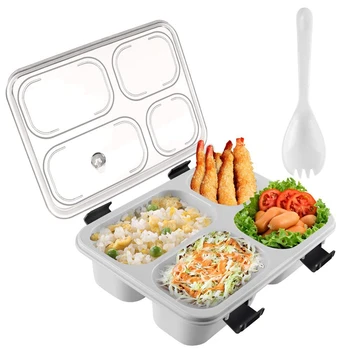 Bento Frokost Boks til Voksne Børn,Frokost Container med 4 Rum, er Tæt Bento Lunch Box med Ske (Grå,1stk)