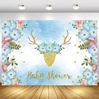 Gyldne Dådyr Hoved Himmel Blå Blomster Dekoration Baby Brusebad Fotografering Baggrund Nyfødte Børn 1st Fødselsdag Kage Tabel Baggrund
