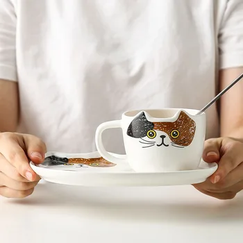 Japansk kat keramiske kaffe kop og underkop tegnefilm søde kaffe kop med bakken ligger eftermiddagste kontor vand cup