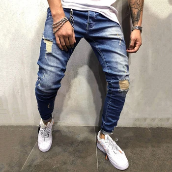 Ripped Jeans Mænd Sexet Hul Jeans Mænd Tøj Destoryed Jeans Slim Denim Bukser til Mænd Mode Blå Casual Bukser til Mænd