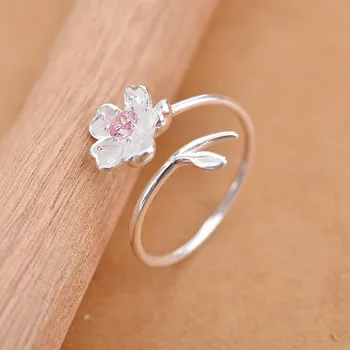 Kindey Nye Sølv Farve Pink Cherry Blossom Blomst Ringe Til Kvinder, Mænd Boho Vintage Smykker Justerbar Størrelse Finger Ringe