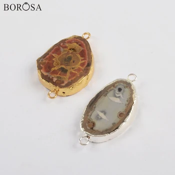 BOROSA 5PCS Guld/Sølv Farve Naturlige Fossiler Perler, Sten-Stik Dobbelt Charms Boho Armbånd Smykker G1818