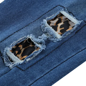 Kvinder Tynde Rippet lomme-Knappen Jeans Midten af Taljen Slank Pasform Leopard Patchwork Nødlidende Denim Bukser