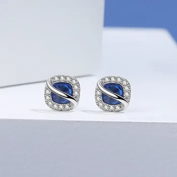 Mode ægte 925 sterling sølv krystal øreringe blå Cubic Zironia sten Trendy trekant pløje for kvinder smykker sølv S925