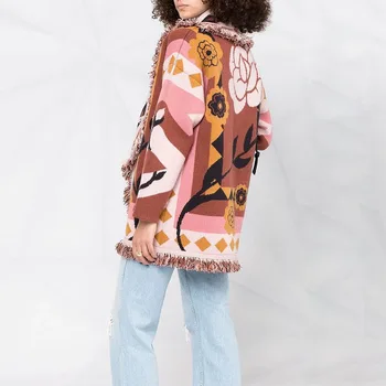 VKBN Vinter Cardigan Sweater Kvinder Uld Cashmere Kniited Kvast Farverige Print Løs Fuld Ærme Mode Geometrisk Mønster