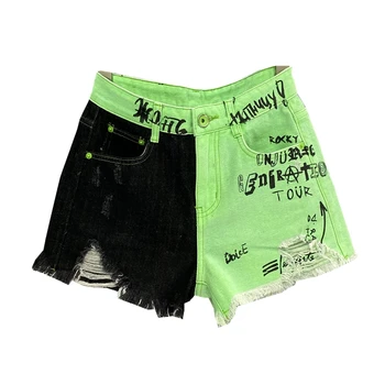 Streetwear Patchwork Denim Shorts Kvinder Mode Graffiti print med Høj Talje denim Shorts Kvindelige Sommer. Løs Bred ben i Korte Bukser