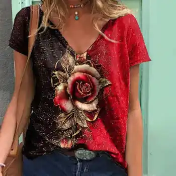 Nye Kvinder 2021 Sommer-Shirt med V-hals Rose Print Kort Ærme Løs Shirts Streetwear Bluse Mode Plus Size Bluser Overdele