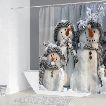 Glædelig Jul Badeværelse Brusebad Gardin og Tæppe Sæt Snemand Santa Claus Anti Slip Mat Toilet Låg Badekar Gardiner med Kroge