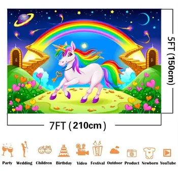 Rainbow Unicorn Studie Fotografering stjernehimmel Tegneserie Baggrund Pige Fødselsdag 3D Børn Foto Digitalt Baggrund Klud