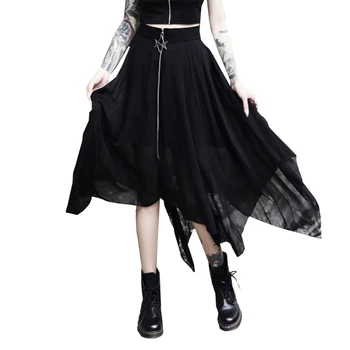 Kvinder Gothic Black Asymmetrisk Uregelmæssige Mesh Midi-Lang Nederdel Punk Stil, Høj Talje Stjernede Lynlås Harajuku Parti Clubwear