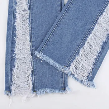 Mandylandy Kvinder Vintage Slidte Jeans Dame Tynde Elegante Side Mesh Hul Denim Bukser Kvindelige Høj Talje Flare Varme