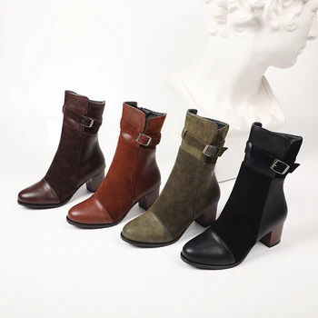 Casual stil med rund tå flok ankel støvler mode spænde og lynlås farve matchende højhælede chunky ridning støvler til kvinder sko
