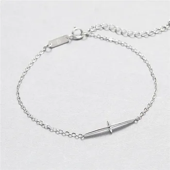 Buyee Ægte 925 Sterling Sølv Enkelt Kors Armbånd Kvinder Shiny Silver Cross Star Armbånd til Kvinder Mode Bryllup Smykker
