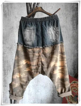 LYUZHE Vintage Denim Patchwork Camouflage Bukser Kvinder 2021 Efteråret Splejset Cross-bukser med Elastik i Taljen Kvindelige Bukser QDY206