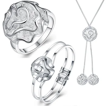 Engros 925 sterling Sølv, rosa blomster halskæder, armringe ringe Smykker sæt til kvinder Fashion Party bryllup Julegaver