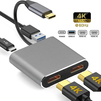 4-i-1 USB-C til Dobbelt HDMI-Adapter 4K USB 3.0 Type C-HUB Converter Port PD Afgift