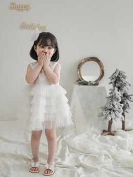 Pige Tøj Sommeren 2021 Nye Baby Dobbelt-bruger Bue Med Korte Ærmer Hvid Prinsesse Fødselsdag Dress