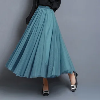 Lange Nederdele Til Kvinder 2021 Elegante Mesh Nederdel Elastik i Taljen for En Linje Jupe Sofa Femme Plisserede Y2K Tøj Solid Farve Match