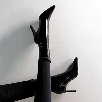 Auutmn Vinter Støvler, Sko Mode Sexet Brighte Patent Læder Elastisk Støvler Kvinder Mid-kalv Slankekur Spidse Sorte Støvler G315-13