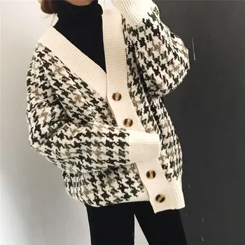 Nye efteråret Ternet cardigan, kvinder med mellemlang og lang løs og dovne stil strikket jakke, koreanske version strikket sweater