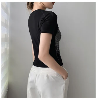 2021 Sommeren Europæiske Nye Mode Rhinestone Damer kortærmet T-shirt Kvinder Ins Mode Slankende Rund Hals Pullover Top Tees