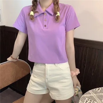 Kvinder Sommer T-shirts Japan Style Sød Slank Turn-down Krave, Korte Ærmer ensfarvet Afgrøde Top Mori Søde Piger Enkelt Tshirt