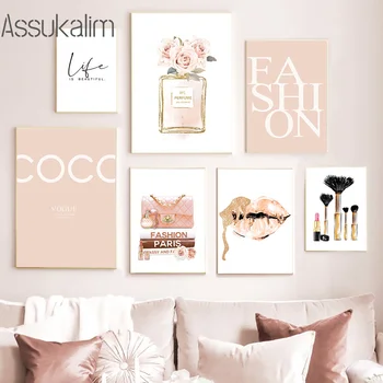 Mode Væg Kunst, Lærred Maleri Parfume Bog Læber Print Mode, Makeup Kunst Plakater Pink Blomster Væggen Billedet Girl Room Decoration