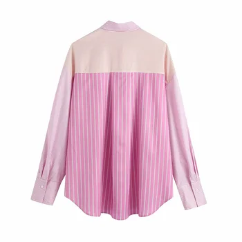 DYLQFS 2021 Nye Sommer Kvinder Vintage Pink Stribe Patchwork Løs Skjorte Kvindelige Streetwears Casual Single-Breasted Blusas Smarte Top