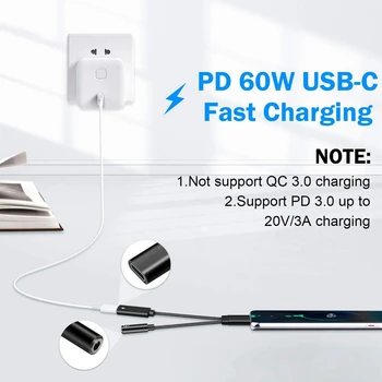 USB-C-3.5 mm Hovedtelefon Jack Adapter 2 i 1,Audio Kabel med PD 60W Hurtig Opladning til Galaxy S21 S20 Ultra S20