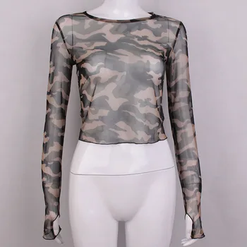 2021 Mode Tøj til Kvinder Afslappet langærmet T-shirt Sommer Afgrøde Toppe Militære Stil Tøj Kvindelige Camouflage T-shirts