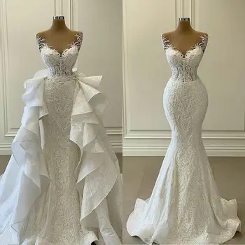 2021 Hvid Havfrue brudekjoler med Aftagelig Tog Flæser, Blonder Applicerede Brude Kjoler Plus Size Vestidos de novia