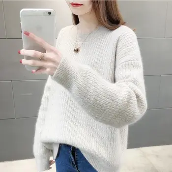 Kvinders Løs koreanske Efterår Og Vinter Sweater, Pullover Soild Farve med Lange Ærmer Strikket Base Sweatershirt