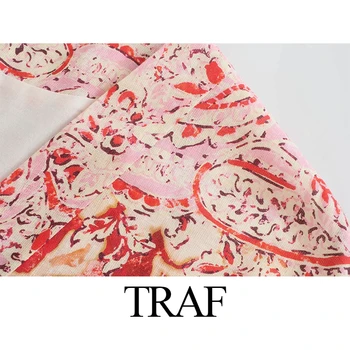 TRAF ZA Kvinders Tøj Mode med Bælte Print Kimono Toppe Vintage Sommeren Retro V-hals Bredt Ærme Lang seleve Bluse Smarte Toppe