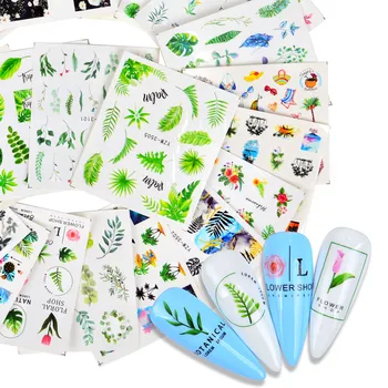 WUF Farverig Blomst, Grønne Blad Mønster Nail Art Stickers Skyder Overførsel Nail Stickers Decal Foråret DIY Manicure Negle Dekoration