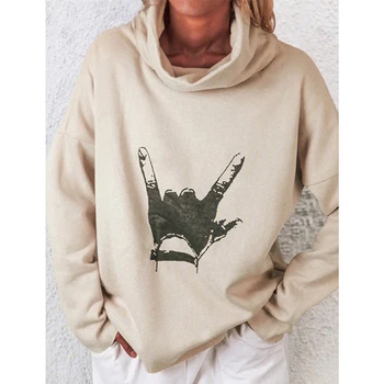 Rullekrave Finger Print Løs Langærmet Sweatshirt Plus Size Kvinder Hættetrøjer Kæreste Gotiske Falde 2020 Tøj, Mode Toppe