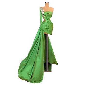 One-Skulder Aften i Satin Party Dress فساتين السهرة Celebrity Kjoler Grønne Kjoler Dubai Abiye Elbise for Røde Løber