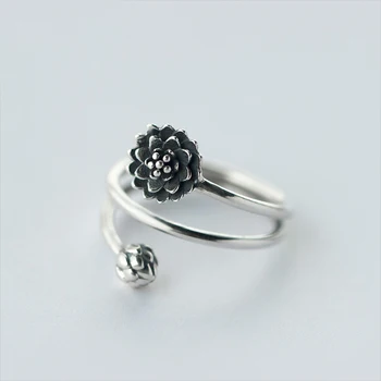 MloveAcc Vintage Stil Lotus Flower Ring til Kvinder i Ægte 925 Sterling Sølv Ringe, Smykker