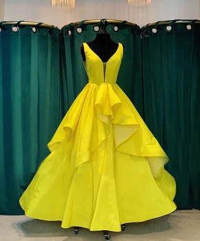Gul Lange Satin Bolden Kjole Prom Kjoler 2020 Dobbelt V-Hals Differentieret Formelle Evening Party Dress Robe De Soiree
