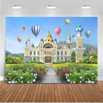 Eventyret Europæisk Slot Fotografering Baggrunde Fancy Blomster Luftballon Blå Himmel Fødselsdag Part Indretning Baggrund