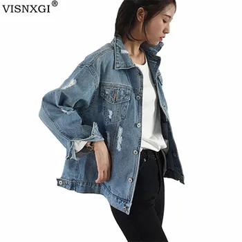 VISNXGI Kvinder Denim Jakke 2021 koreansk Stil Solid Casual Blå Efteråret Løs Frakker Kvinder Turn-Down Krave Casual Foråret Tøj