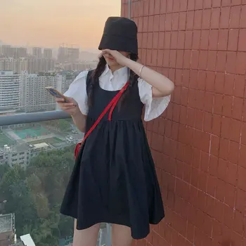 Koreansk Stil Kvinder Sommer Hvid Skjorte Og Sort Sundress To Pices Jakkesæt Piger Casual Twinset Fritid Streetwear Tøj 2021