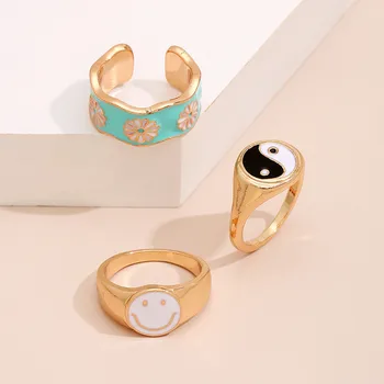 3pcs/indstille Mode Farverige Glas Ansigt Blomst Tai Chi-Ring Sæt til Kvinder Girl Legering Geometriske Fælles Finger Ringe Anillos